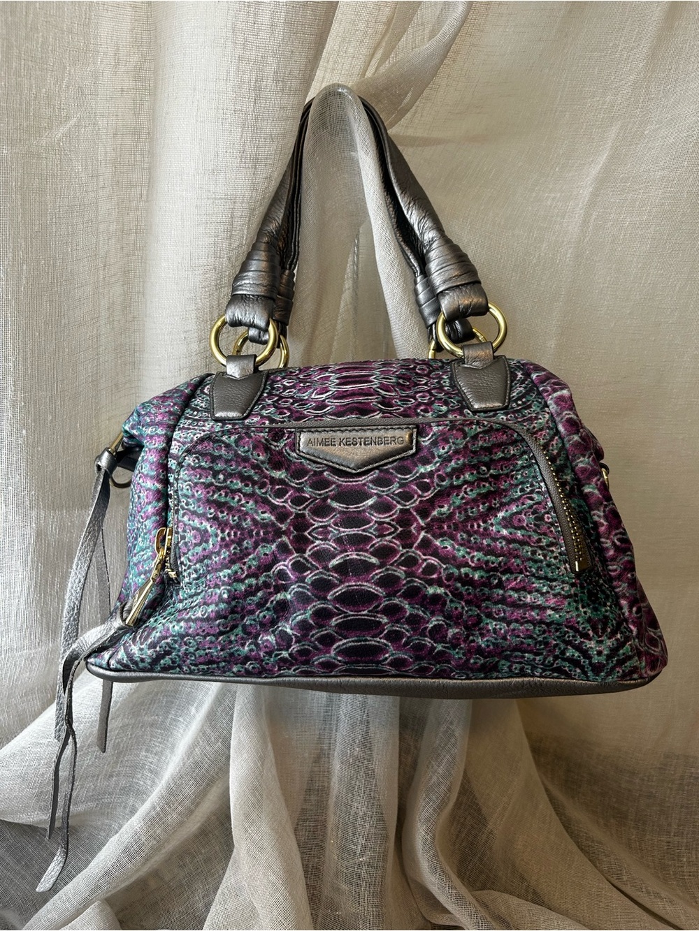 Aimee Kestenberg Purple Teal Snake-Print Satchel with Gunmetal Trim